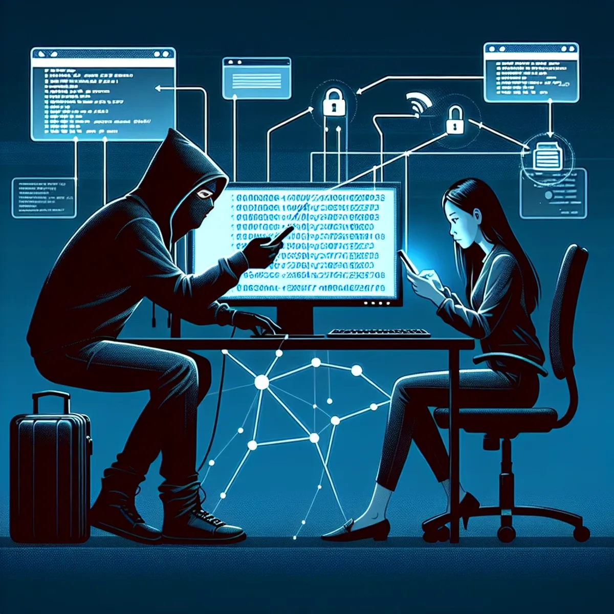 Two individuals, one as an unsuspecting phone user and the other as a hacker. The hacker, a Black man, wearing a hoodie and seated behind a computer with a screen showing codes is attempting to infiltrate the mobile device held by the phone user, an Asian woman. The visual representation of hacking could be illustrated by dotted lines or signals tracing from the hacker's computer to the mobile device. Replace any idea of textual codes with abstract symbols and patterns.